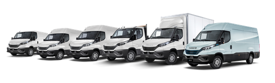 IVECO Daily fuldt line-up. Fra venstre mod højre : IVECO Daily 9m3, 12m3, 16m3, ladvogn, boks/lift og den elektriske eDaily 12m3